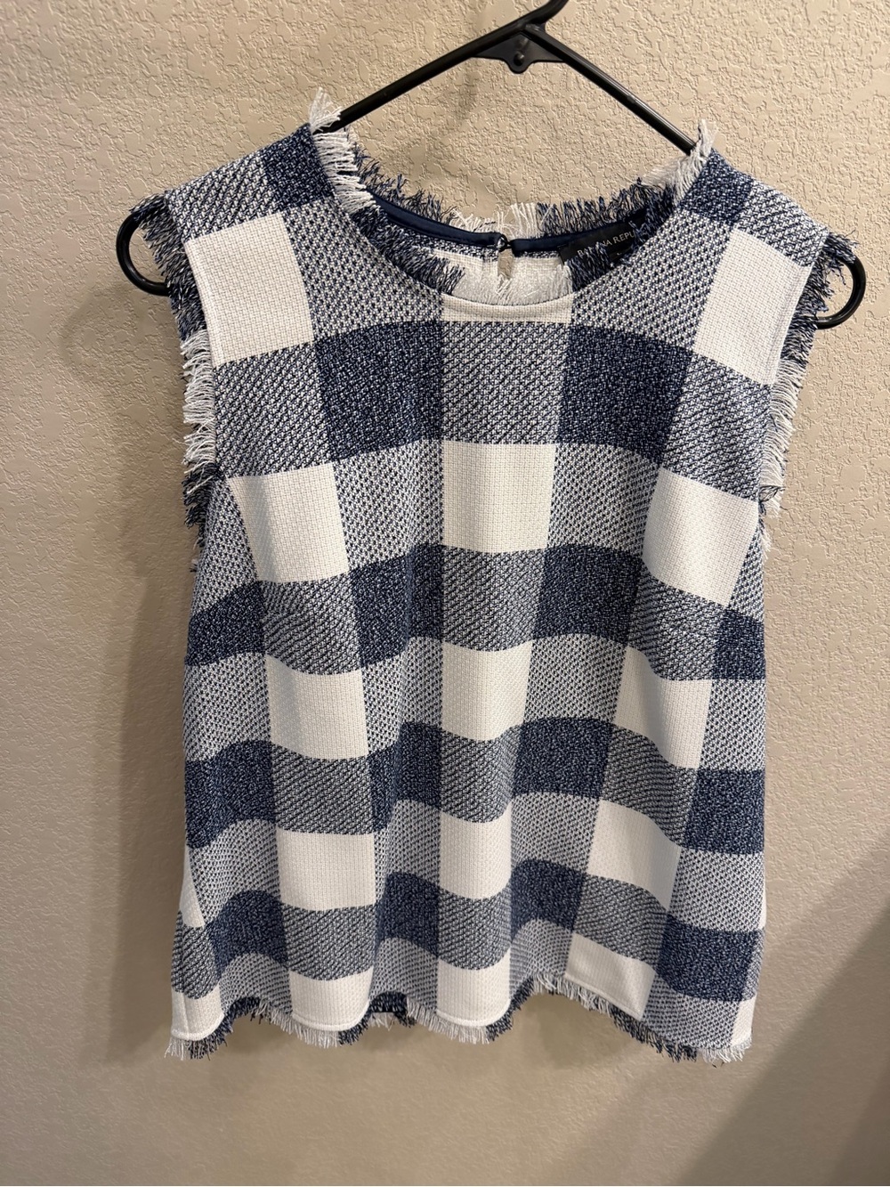 Banana Republic Navy & White Checkered Fringe Sleeveless Tank